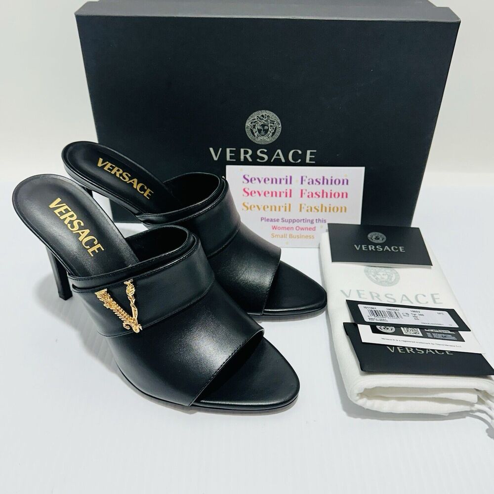 Versace Virtus Size 37 US 7  Black Leather Mule Heel Sandals NIB $900